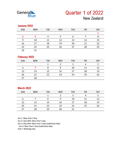 Printable Three Month Calendar for New Zealand