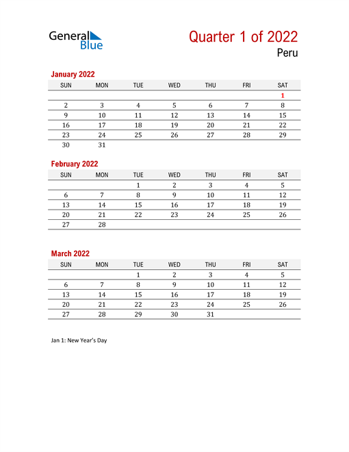  Printable Three Month Calendar for Peru