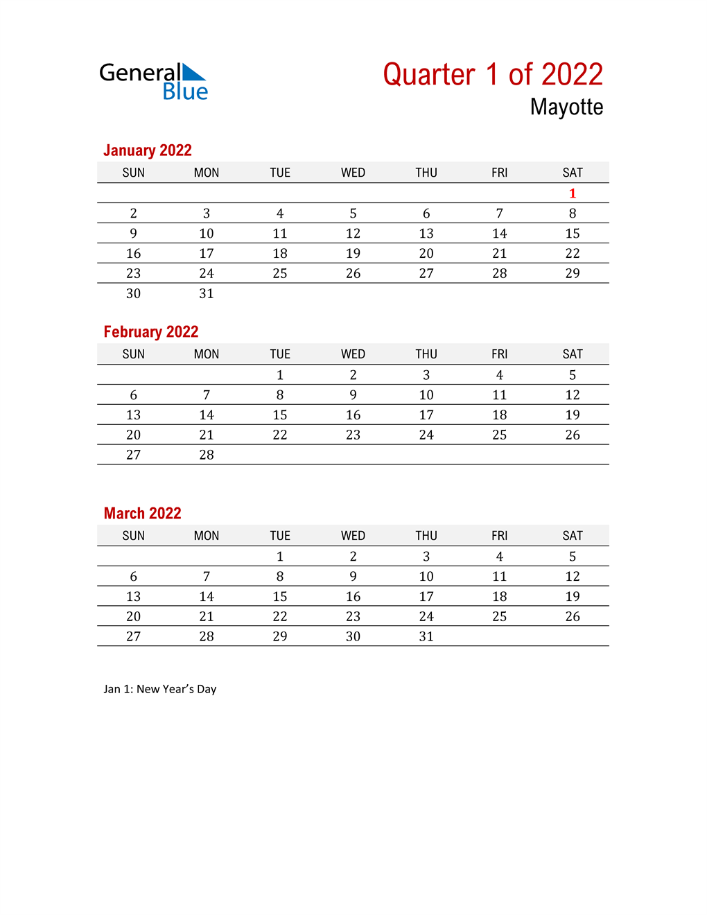  Printable Three Month Calendar for Mayotte