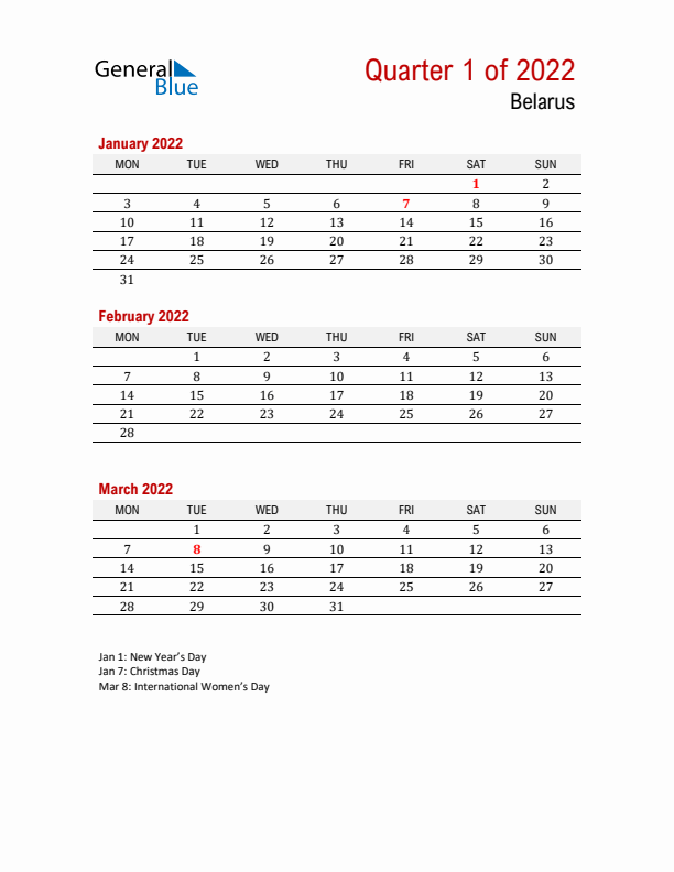 Printable Three Month Calendar with Belarus Holidays