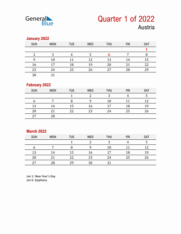 Printable Three Month Calendar with Austria Holidays