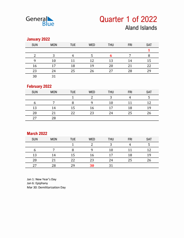 Printable Three Month Calendar with Aland Islands Holidays