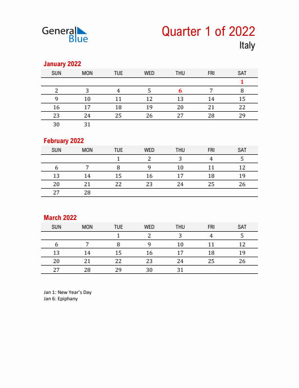 Printable Three Month Calendar with Italy Holidays