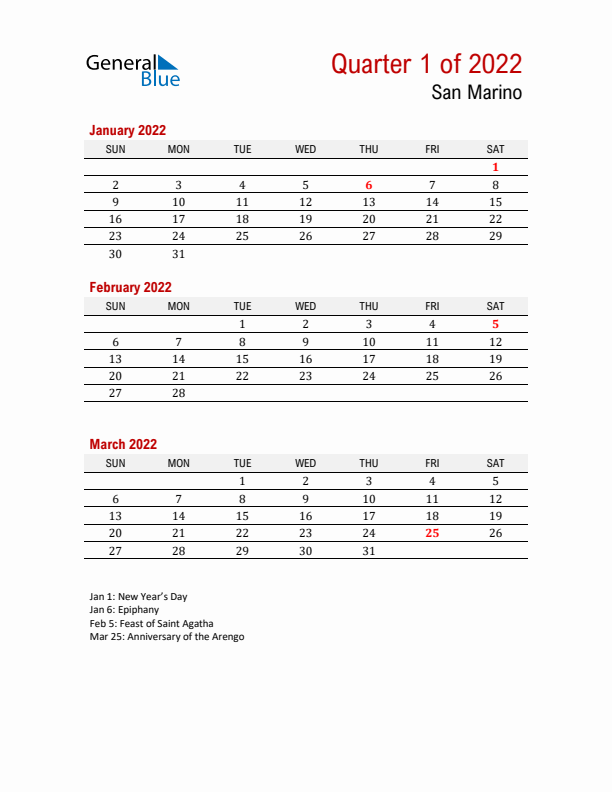 Printable Three Month Calendar with San Marino Holidays