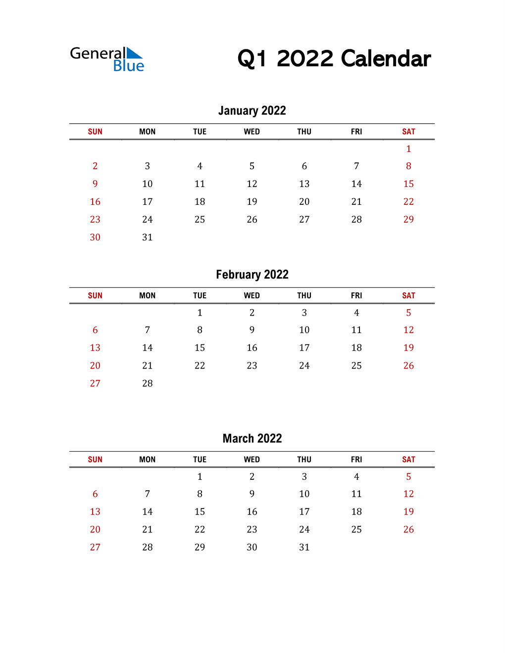 2022 Q1 Three Month Quarterly Calendar