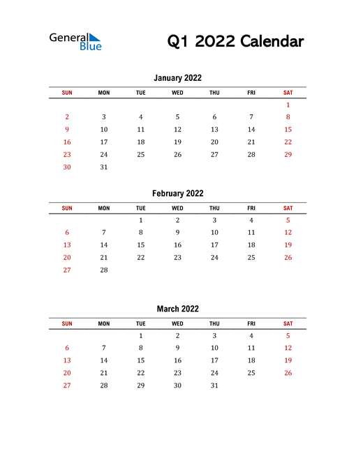  2022 Q1 Calendar with Red Weekend