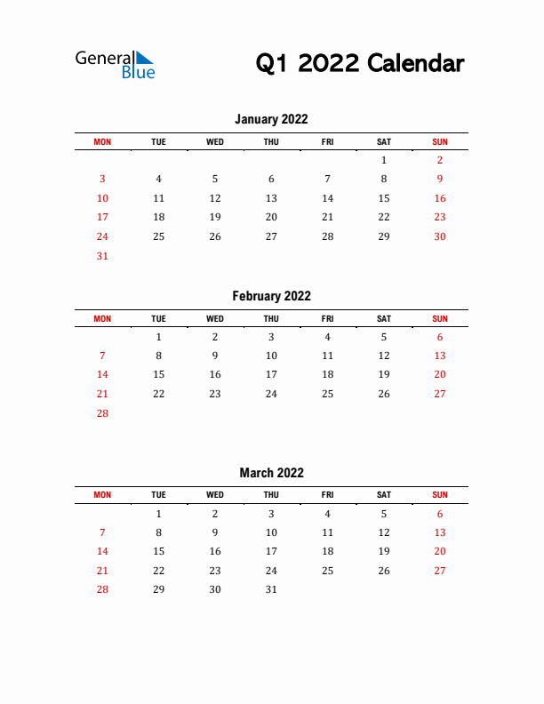 Quarter 1 2022 Calendar Printable Pdf Word Excel 4241