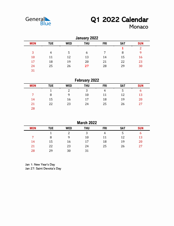 2022 Q1 Calendar with Holidays List for Monaco