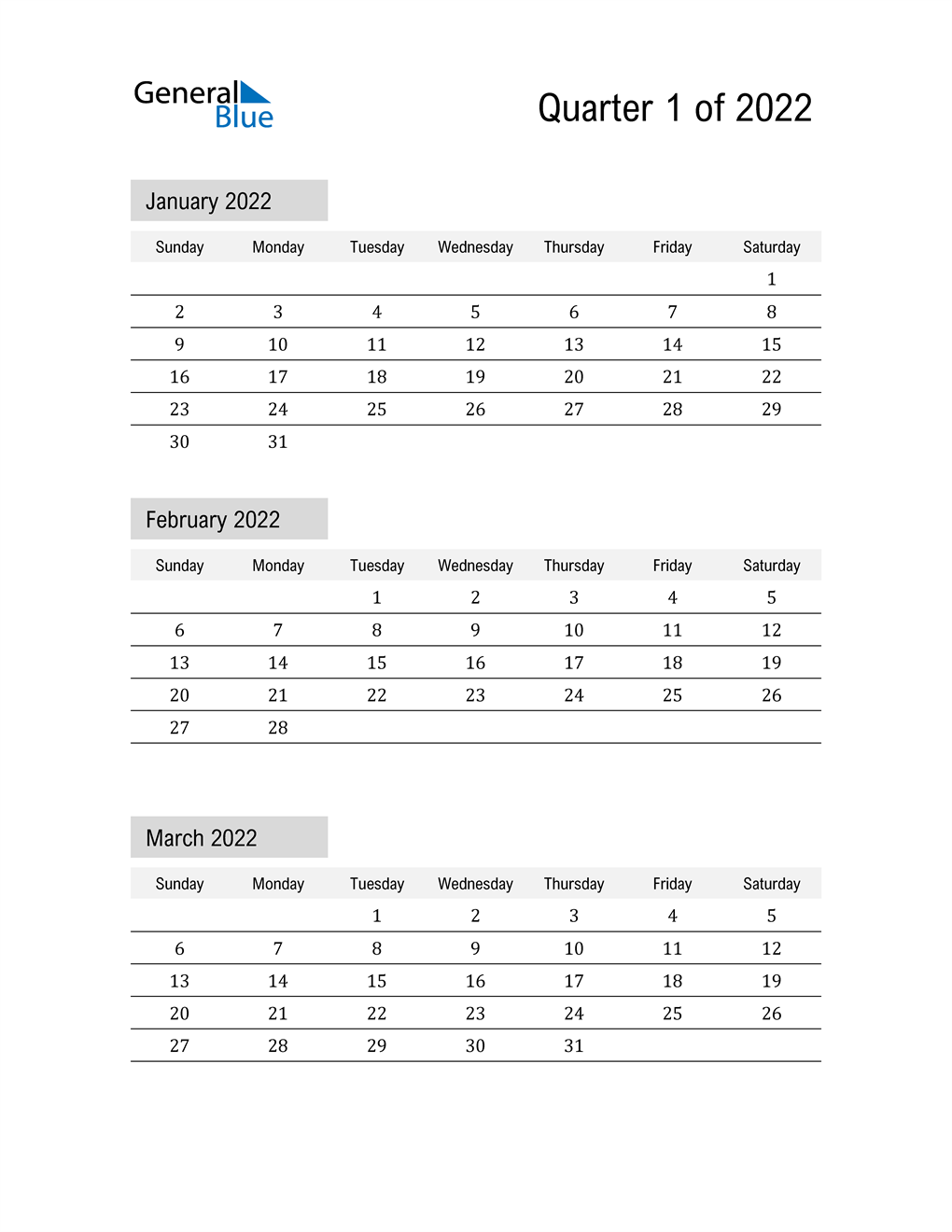  January, February, and March Calendar 2022