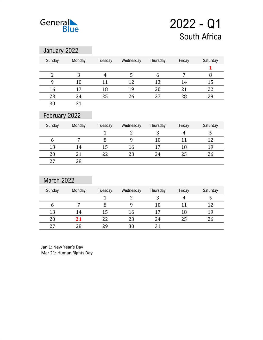 Q1 2022 Quarterly Calendar With South Africa Holidays 3469