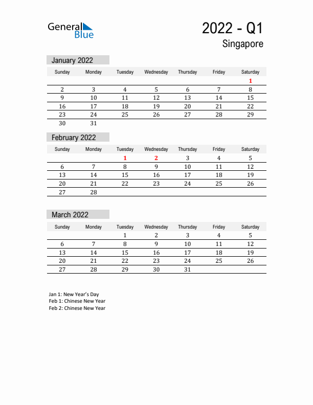 Singapore Quarter 1 2022 Calendar with Holidays