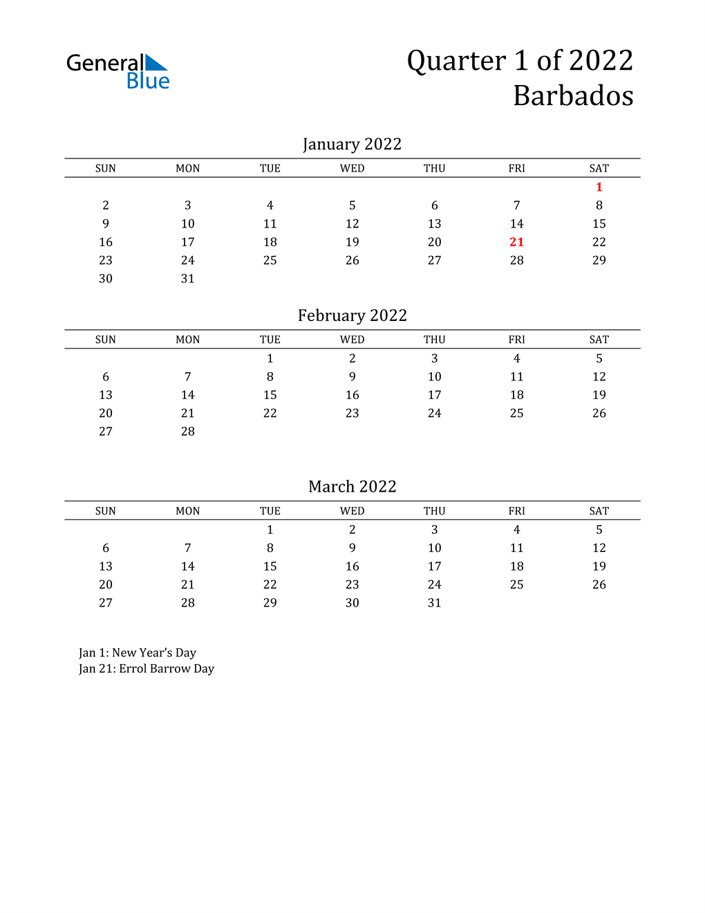  2022 Barbados Quarterly Calendar