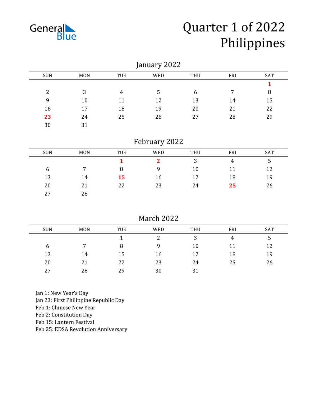  2022 Philippines Quarterly Calendar