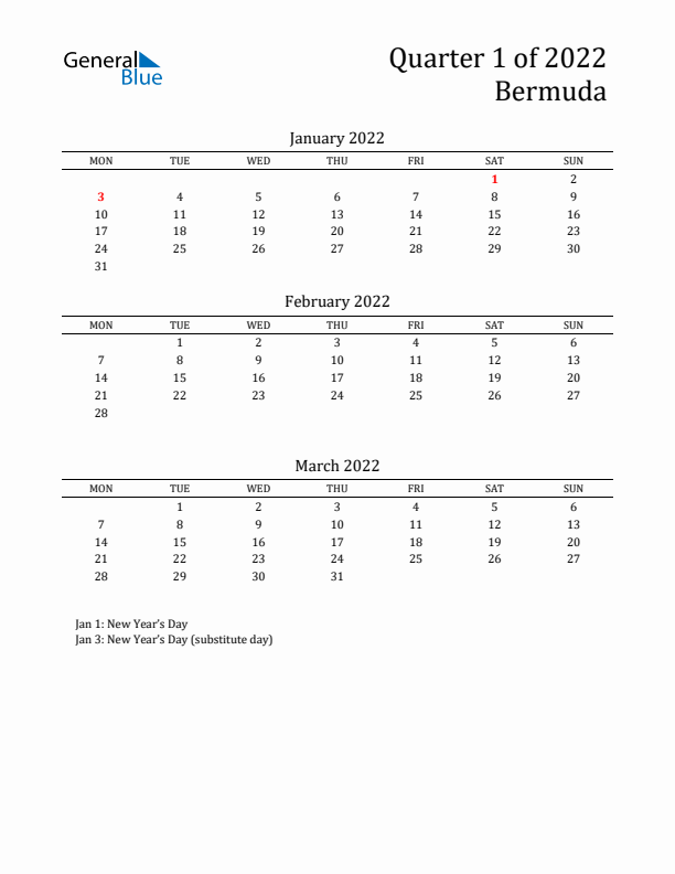 Quarter 1 2022 Bermuda Quarterly Calendar