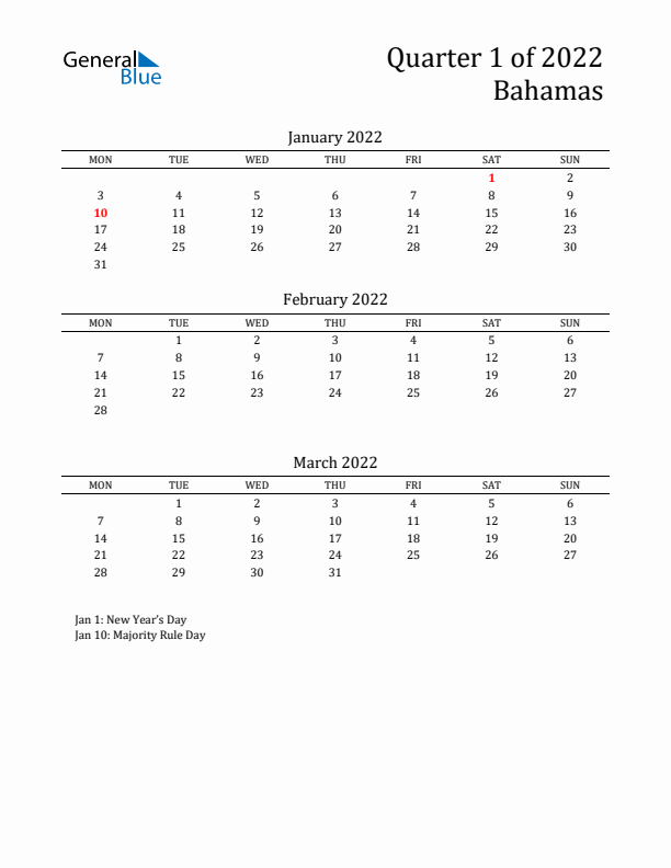 Quarter 1 2022 Bahamas Quarterly Calendar