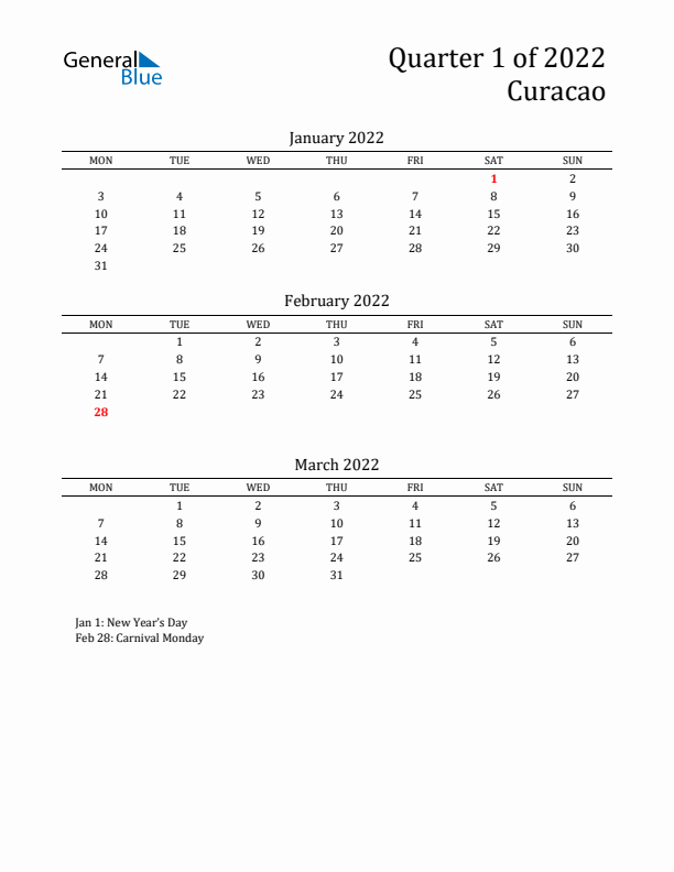 Quarter 1 2022 Curacao Quarterly Calendar
