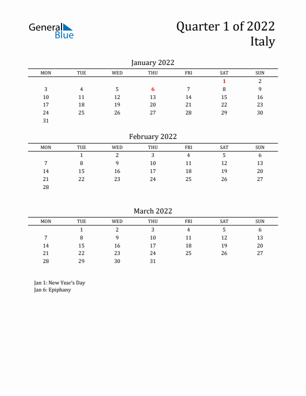 Quarter 1 2022 Italy Quarterly Calendar