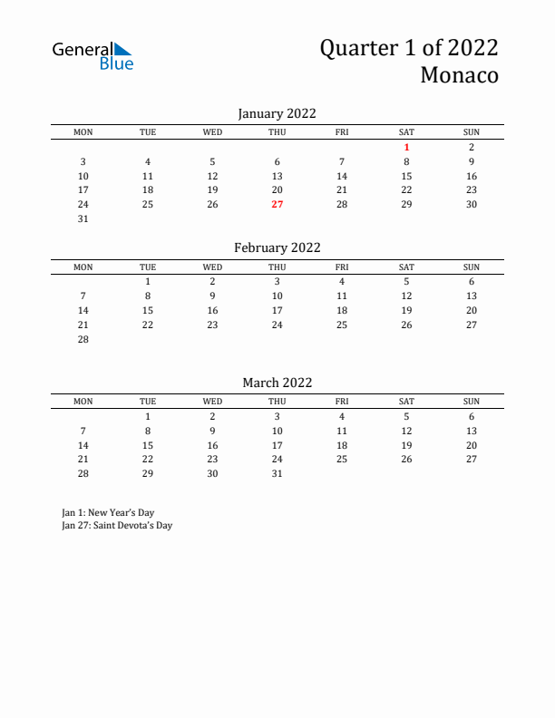 Quarter 1 2022 Monaco Quarterly Calendar