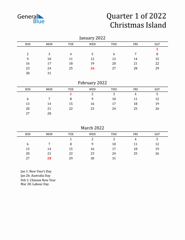 Quarter 1 2022 Christmas Island Quarterly Calendar