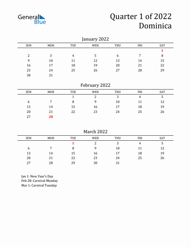 Quarter 1 2022 Dominica Quarterly Calendar