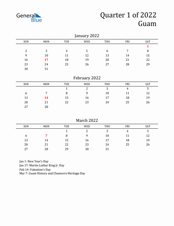 Quarter 1 2022 Guam Quarterly Calendar