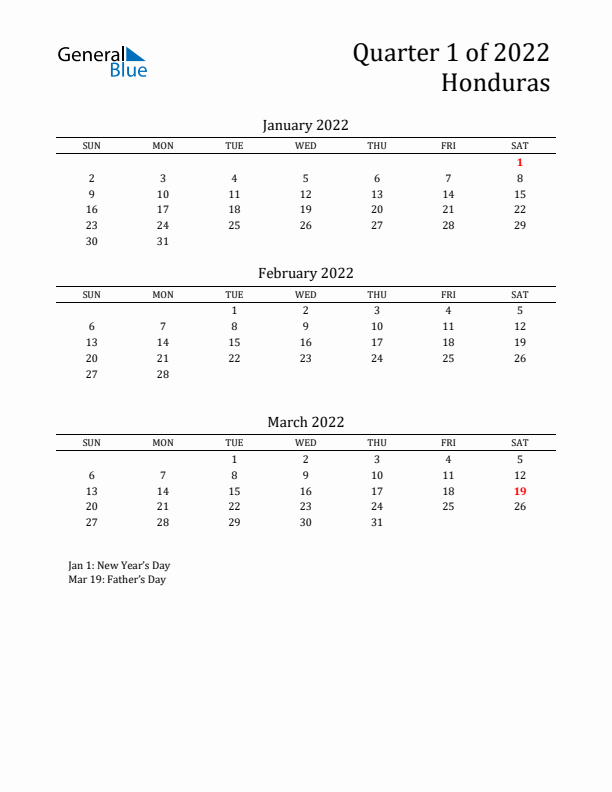 Quarter 1 2022 Honduras Quarterly Calendar