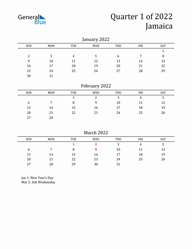 Quarter 1 2022 Jamaica Quarterly Calendar
