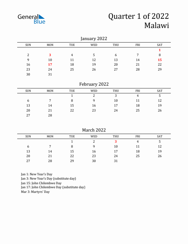 Quarter 1 2022 Malawi Quarterly Calendar