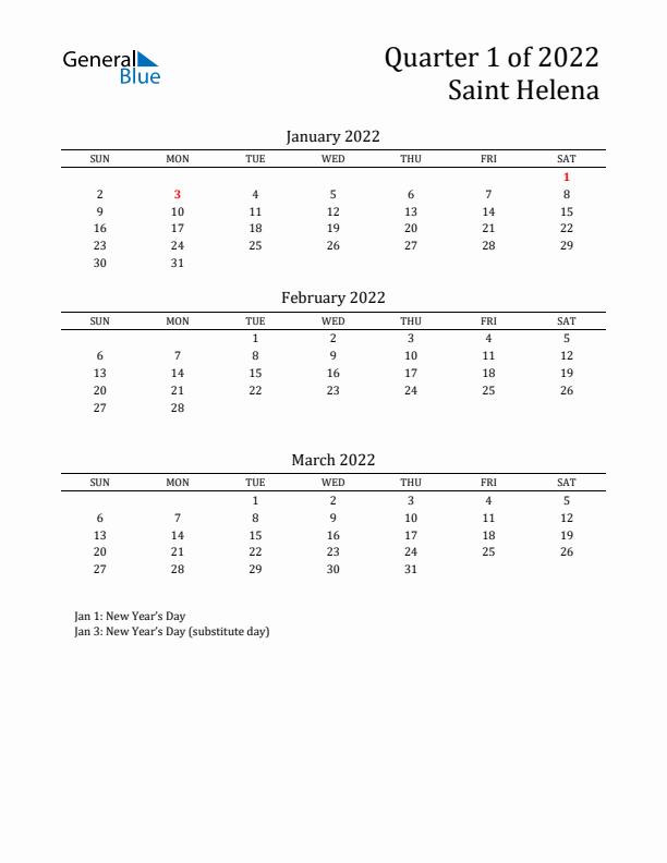 Quarter 1 2022 Saint Helena Quarterly Calendar