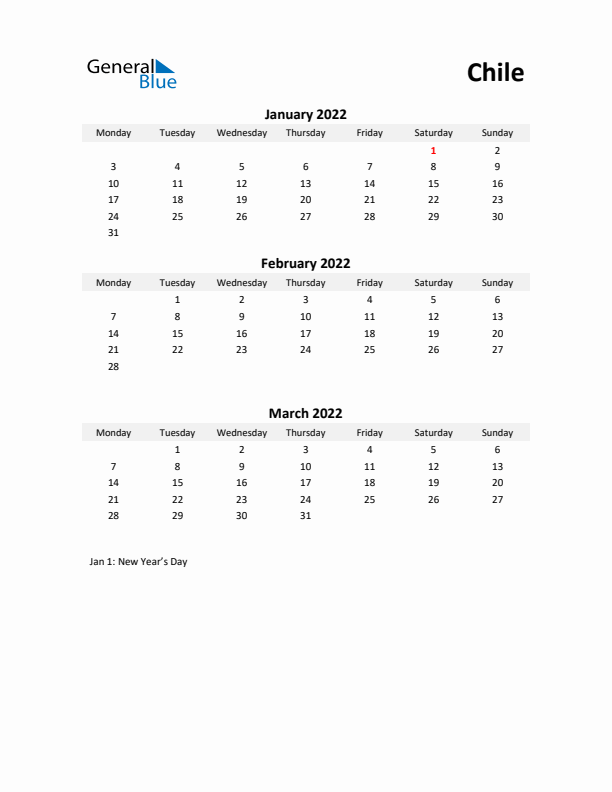 Printable Quarterly Calendar with Notes and Chile Holidays- Q1 of 2022