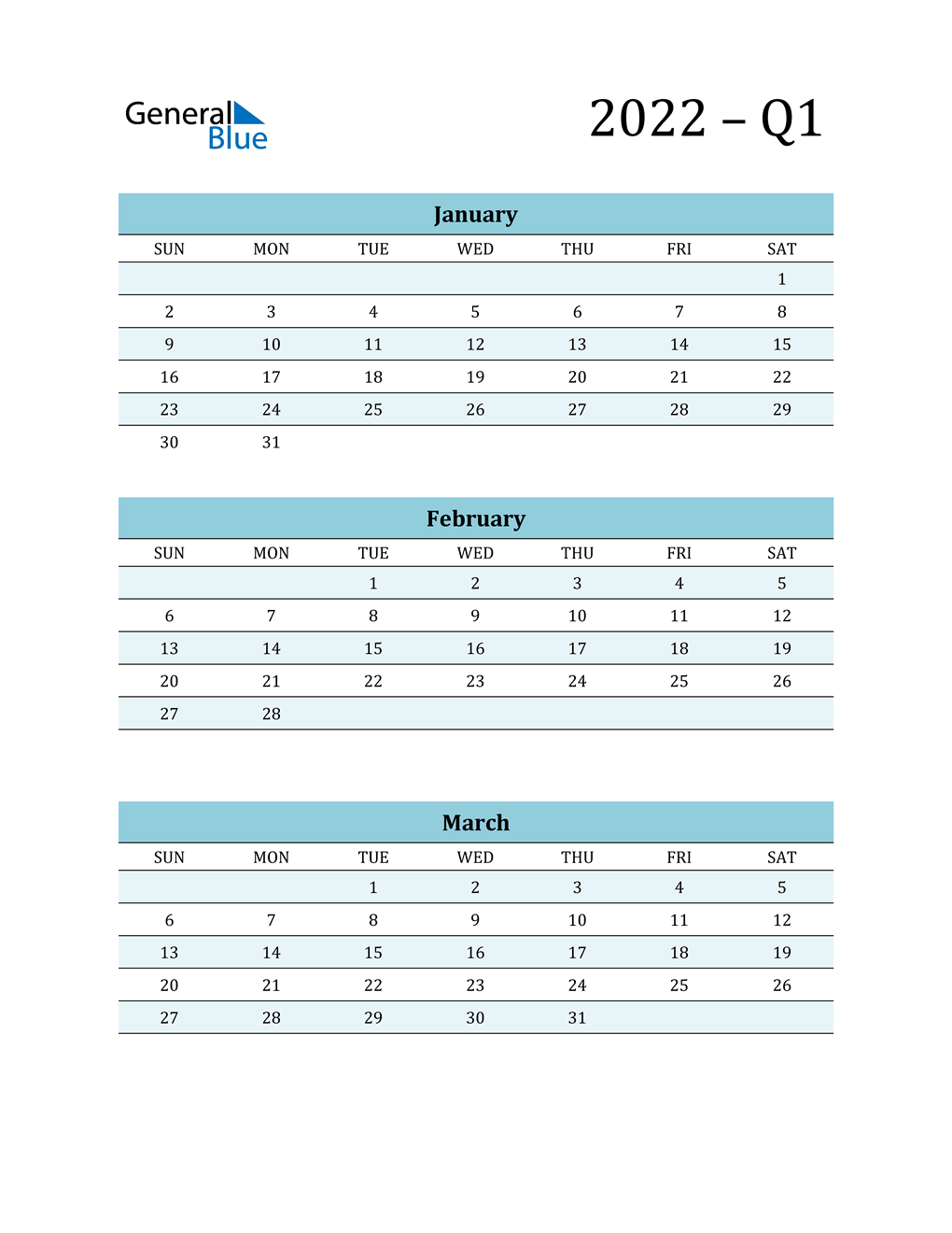 January, February, and March 2022 Calendar