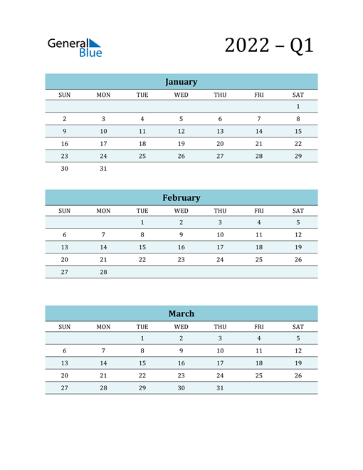 2022 q1 three month quarterly calendar