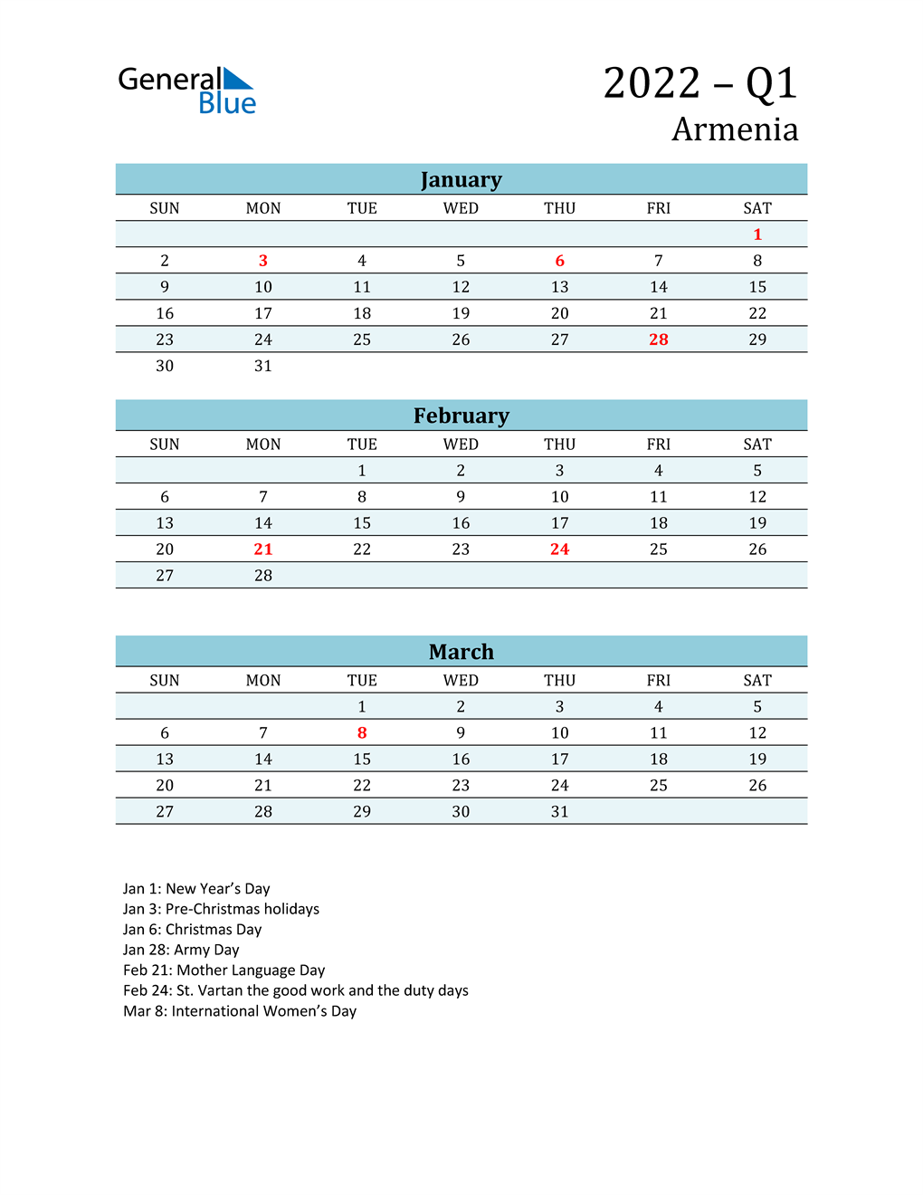  Three-Month Planner for Q1 2022 with Holidays