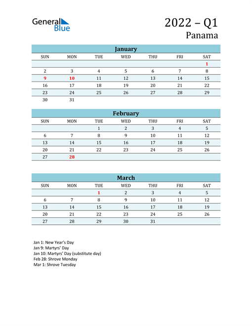  Three-Month Planner for Q1 2022 with Holidays