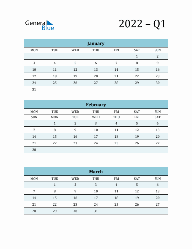 January, February, and March 2022 Calendar