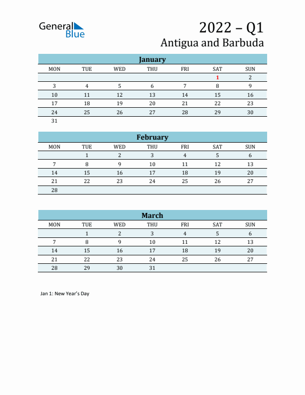 Three-Month Planner for Q1 2022 with Holidays - Antigua and Barbuda