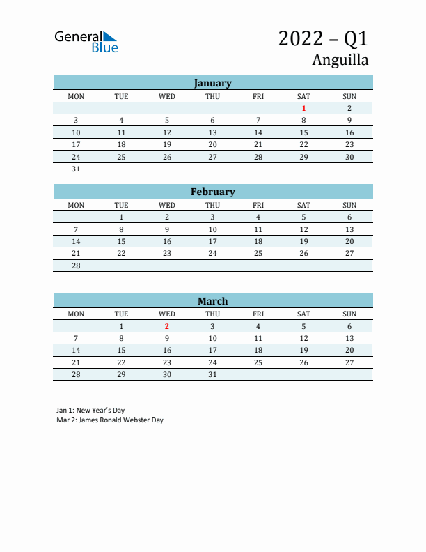 Three-Month Planner for Q1 2022 with Holidays - Anguilla