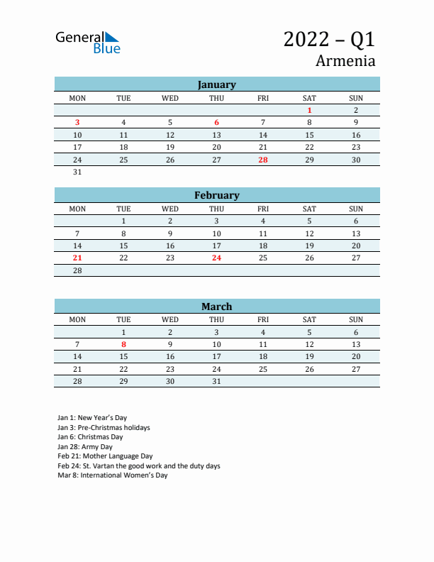 Three-Month Planner for Q1 2022 with Holidays - Armenia