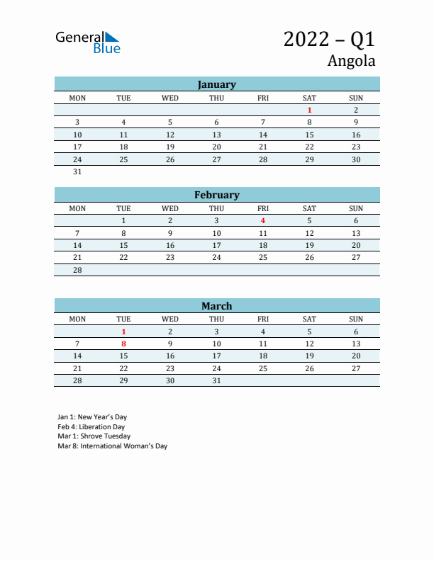 Three-Month Planner for Q1 2022 with Holidays - Angola