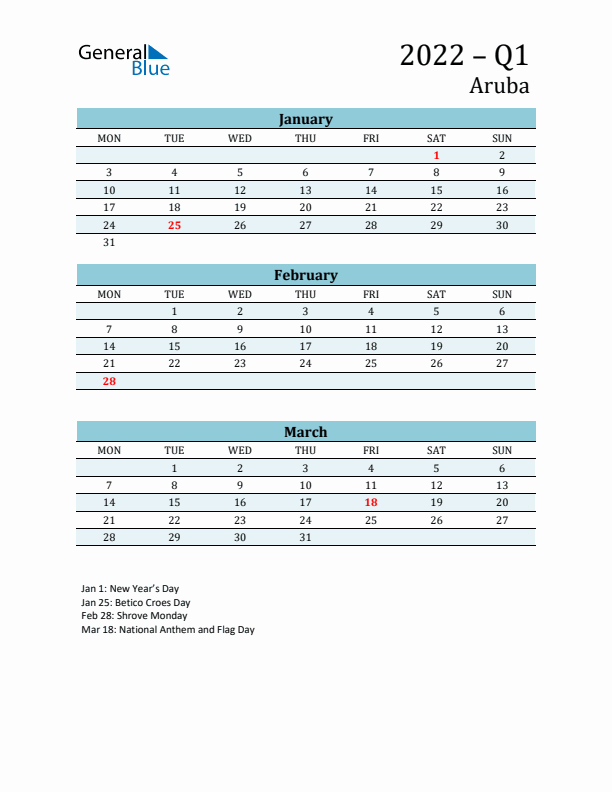Three-Month Planner for Q1 2022 with Holidays - Aruba