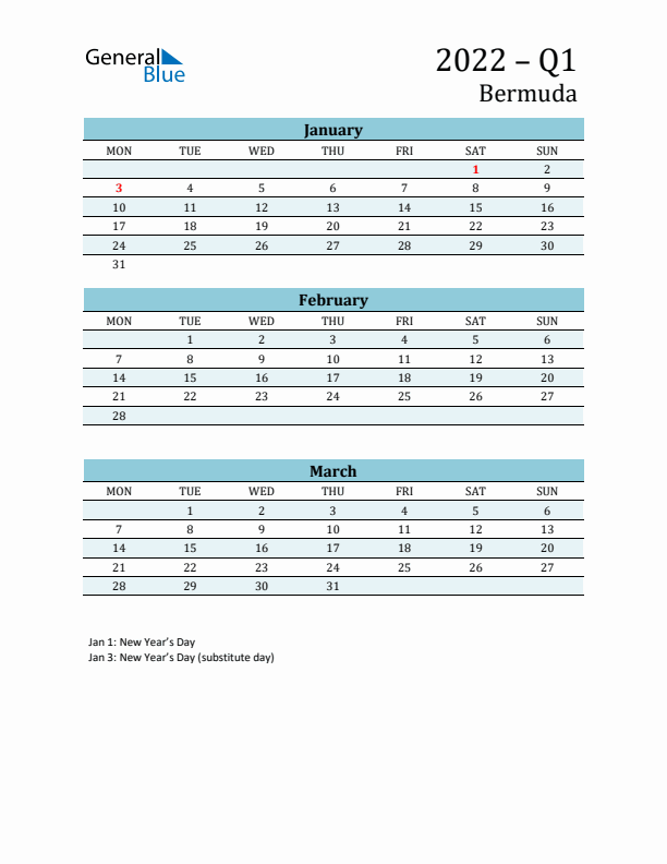 Three-Month Planner for Q1 2022 with Holidays - Bermuda