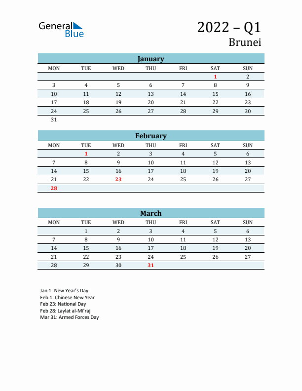 Three-Month Planner for Q1 2022 with Holidays - Brunei