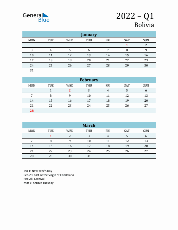 Three-Month Planner for Q1 2022 with Holidays - Bolivia