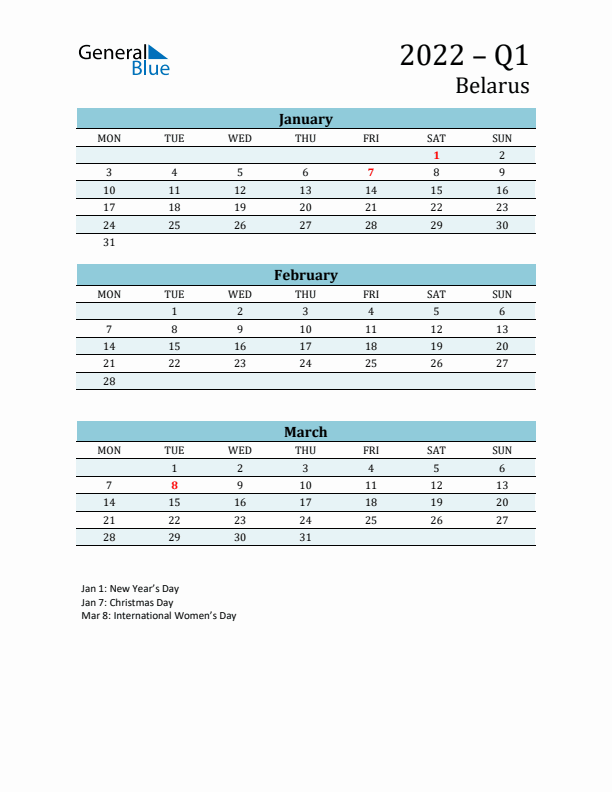 Three-Month Planner for Q1 2022 with Holidays - Belarus