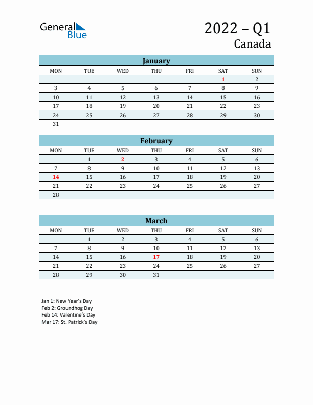 Three-Month Planner for Q1 2022 with Holidays - Canada