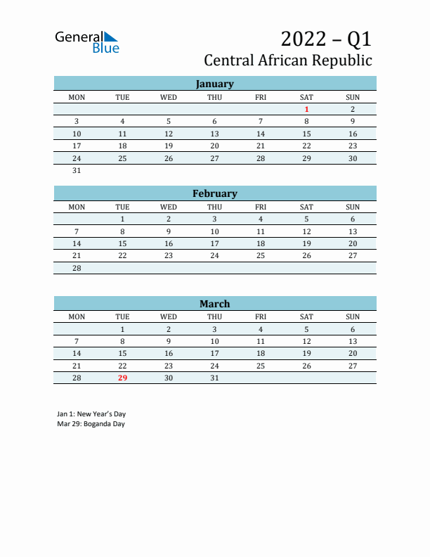 Three-Month Planner for Q1 2022 with Holidays - Central African Republic
