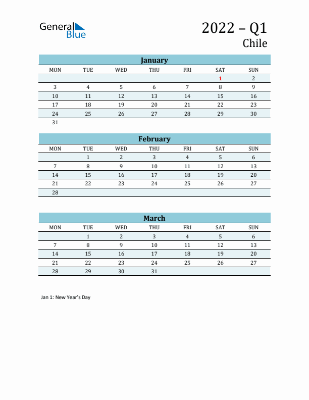 Three-Month Planner for Q1 2022 with Holidays - Chile