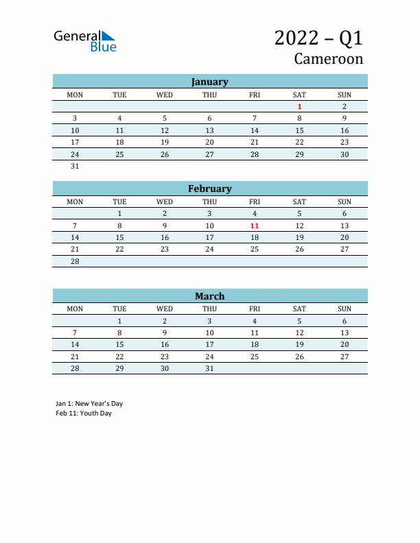Three-Month Planner for Q1 2022 with Holidays - Cameroon