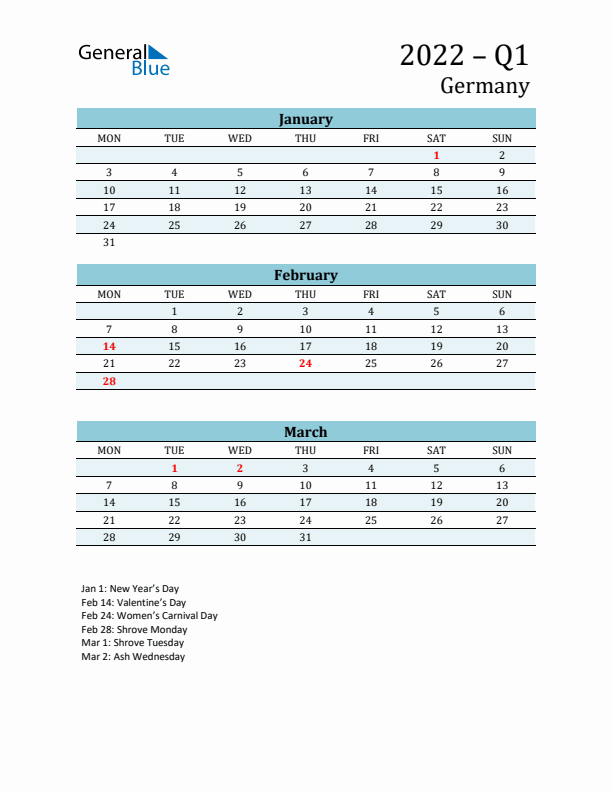 Three-Month Planner for Q1 2022 with Holidays - Germany