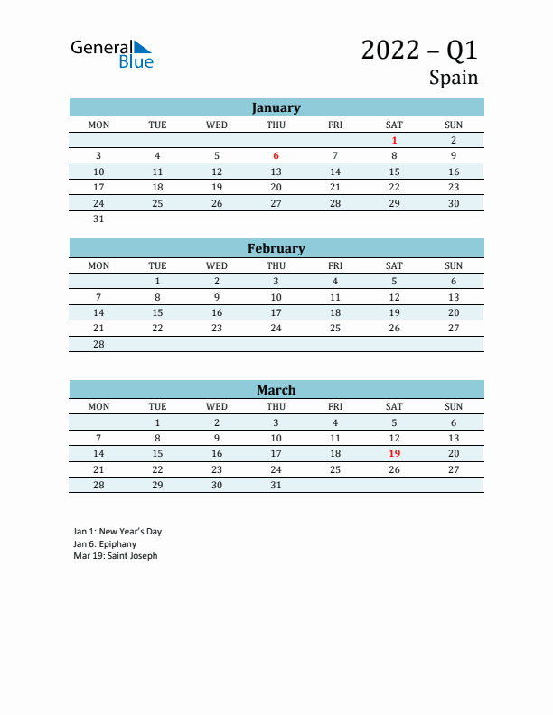 Three-Month Planner for Q1 2022 with Holidays - Spain